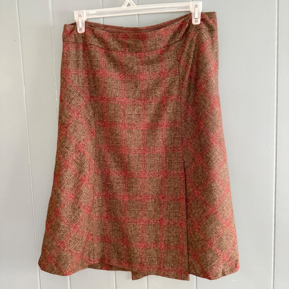 Banana Republic Vtg Wool Tweed Plaid Skirt 14 Y2K Bias A-Line Fall Brown Italy